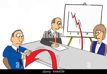 Business Cartoon über Vertrieb so stark gesunken, dass Sie abfallen der Chart und Hüpfen auf den Boden. Stockfoto