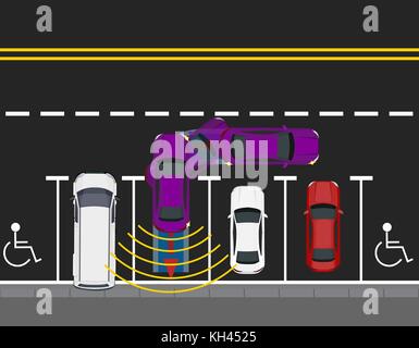 Farbige geparkte Autos von der Straße geparkt, Ansicht von oben. Regelung der Parkplatz ein Auto mit autonomen Bewegung. Autopilot. Abbildung Stock Vektor