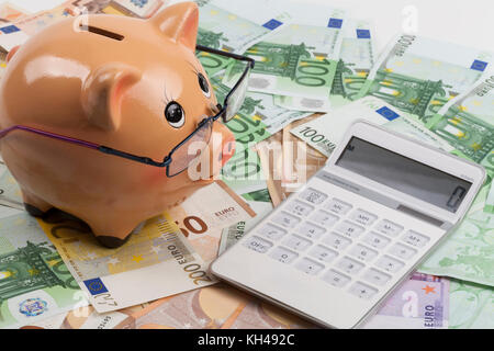 Sparschwein auf Euro-banknoten mit weißen Rechner. europäischen Krankenversicherung Kosten Stockfoto