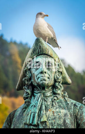 Möwe sitzend auf die Statue der Schriftsteller, Essayist, Philosoph und Historiker Baron Ludvig Holberg, Bergen, Norwegen Stockfoto