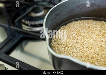 Short Grain organische brauner Reis getränkt mit Wasser im Topf auf einem Herd Stockfoto
