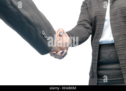 Die Hand schütteln zwischen einem Mann und einer Frau isoliert auf weiss Stockfoto