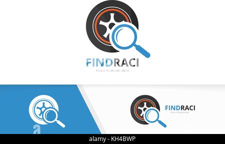 Vektor Rad und Lupe logo Kombination. Reifen und Vergrößerungsglas-Symbol. Einzigartige Reifen- und Suche Logo Design Template. Stock Vektor
