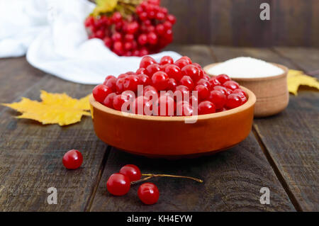 Red viburnum in einer Keramikschale, Zucker, ein paar Beeren für Tee, Marmelade. Stockfoto