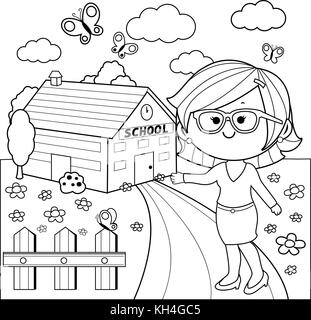 Lehrer vor dem Schulgebäude begrüßt die Schüler. Willkommen zurück in die Schule. Vektor-Schwarzweiß-Farbseite. Stock Vektor