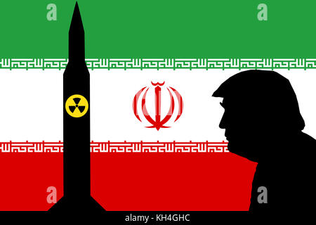 Silhouette der Vereinigten Staaten Präsident Donald Trump und eine Rakete mit nuklearen Symbol und dem Iran Flagge als Hintergrund. Stockfoto