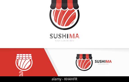 Vektor Sushi und shop Logo Kombination. japanisches Essen und Verkauf Symbol. Einzigartige Meeresfrüchte und Markt Logo Design Template. Stock Vektor