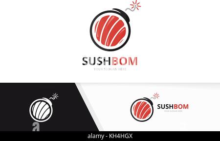 Vektor Sushi und Bombe logo Kombination. japanisches Essen und detonieren Symbol. Einzigartige Meeresfrüchte und Waffe Logo Design Template. Stock Vektor