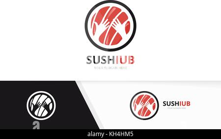 Vektor Sushi und Hände logo Kombination. japanisches Essen und umarmen Symbol. Einzigartige Meeresfrüchte und Hug Logo Design Template. Stock Vektor