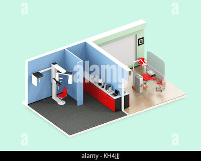 Isometrische Ansicht von zahnmedizinischen Klinik Interieur mit Con-beam-ct, Cadcam, zahnmedizinischen Stuhl und Schrank. 3D-Bild. Stockfoto