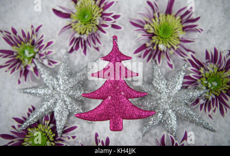 Farbe weihnachten Fotografie Bild von frischem Winter violetten und grünen Blumen mit glitter Baum Dekorationen und Sterne in weißen Schnee Hintergrund Stockfoto