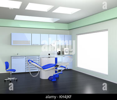 Zahnmedizinische Klinik Interieur mit gelben Kabinett und Patienten Stuhl. 3D-Bild. Stockfoto