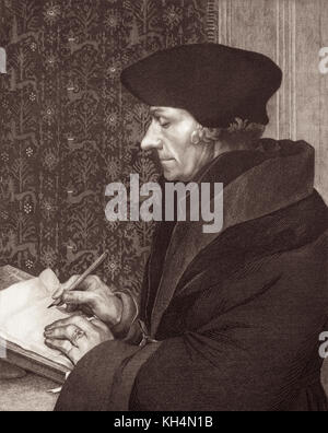 Desiderius Erasmus Roterodamus (1466-1536), meist Erasmus von Rotterdam oder einfach Erasmus genannt, in einer Radierung von Félix Bracquemond aus dem Jahr 1863 nach einem Gemälde von Hans Holbein (1497-1543). Stockfoto