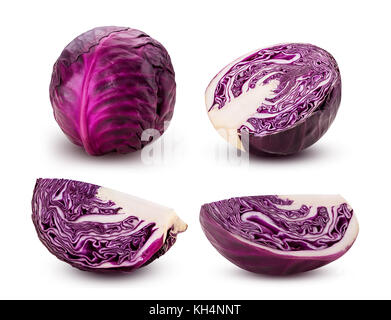 Set Rotkohl halbieren und Vierteln auf weißem Hintergrund. freistellungspfaden. Stockfoto