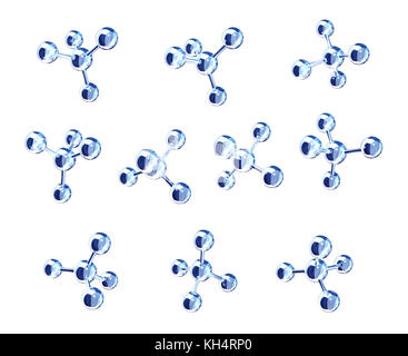 Sammlung von Modellen der abstrakten molekularen Struktur. Ansicht aus verschiedenen Blickwinkeln. Auf weissem Hintergrund. 3D-Rendering Stockfoto