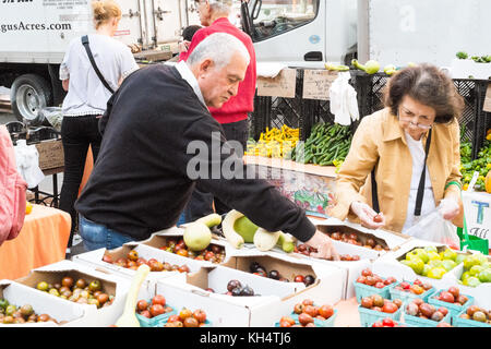 Tomaten zum Verkauf an der 79th Street Greenmarket, Bauernmarkt, in der Columbus Avenue, New York City, NY, Vereinigte Staaten von Amerika. Stockfoto