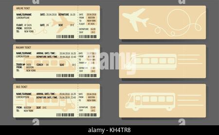 Mit dem Flugzeug Mit dem Zug Mit dem Bus Ticket Konzept Design. Vector Illustration. Stock Vektor