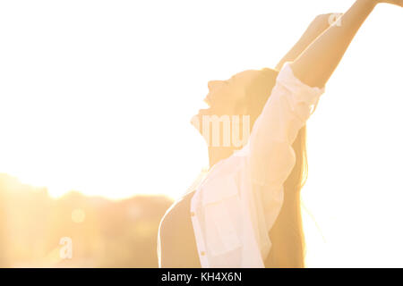 Seitenansicht Portrait von eine aufgeregte Frau Anheben der Arme bei Sonnenuntergang Stockfoto