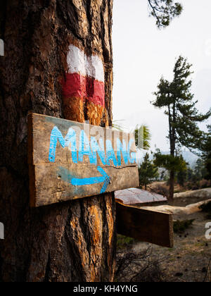 Annapurna Circuit trek Wegemarker mit Richtung auf einer Kiefer in der Nähe von julu zu manang, Nepal Stockfoto