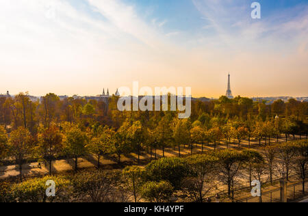 Paris, Frankreich - 3. November 2017 - mit Blick auf die tuilery Gärten auf einem Pariser morgen, mit dem Eiffelturm im Hintergrund. redaktionelle Verwendung nur. Stockfoto