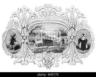 Die angelsächsische Invasion von England erfolgte aus der Mitte des 5. bis frühen siebten Jahrhundert, nach dem Ende der römischen Macht in Großbritannien um das Jahr 410. Die 'monatlich' Leben der Zeiten ist in eine Reihe von Bildern illustriert. 1/12: Januar aka Wolf-Monat, in der die Erde durch einen Pflüger mit vier Ochsen gebrochen ist. Die Seitenverkleidungen veranschaulichen die Sammlung von Kraftstoff, und die beiden vorangegangen Janus, die wörtliche und erlernte Art. Stockfoto