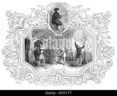 Die angelsächsische Invasion von England erfolgte aus der Mitte des 5. bis frühen siebten Jahrhundert, nach dem Ende der römischen Macht in Großbritannien um das Jahr 410. Die 'monatlich' Leben der Zeiten ist in eine Reihe von Bildern illustriert. Die angelsächsischen Kalender 2/12: Februar aka Sprießen - kele, während der die kele - Würze für das Kochen in der Brühe gesammelt. Kele ist ein Wort vor "Kraut" in Betrieb. Die Abbildung zeigt Ihnen das Sammeln der Neu sprießenden Blätter; und der Arbeitnehmer beschneiden Holz auch für für die Verbrennung und Wärme verwendet. Stockfoto