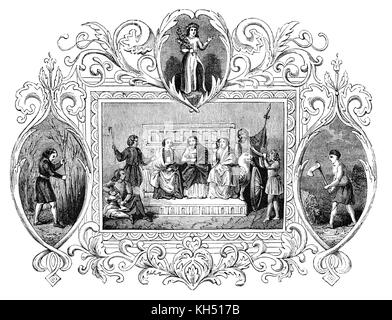 Die angelsächsische Invasion von England erfolgte aus der Mitte des 5. bis frühen siebten Jahrhundert, nach dem Ende der römischen Macht in Großbritannien um das Jahr 410. Die 'monatlich' Leben der Zeiten ist in eine Reihe von Bildern illustriert. Die angelsächsischen Kalender 4/12: April aka Oster-Month:, in dem sich die Abbildung zeigt ein Edelmann in der Art unterhalten, während die Landarbeiter, die Arbeit in den Feldern weiter Stockfoto