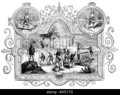 Die angelsächsische Invasion von England erfolgte aus der Mitte des 5. bis frühen siebten Jahrhundert, nach dem Ende der römischen Macht in Großbritannien um das Jahr 410. Die 'monatlich' Leben der Zeiten ist in eine Reihe von Bildern illustriert. Die angelsächsischen Kalender 7/12: Juli aka Hey - Monat: war der Monat für die Erfassung im Heu. Die fam Arbeitnehmer verwendet, Sensen, Sicheln und Rechen die Fruchtart, die für die Verwendung als Stroh, Futter und Teppichboden zu sammeln. Stockfoto
