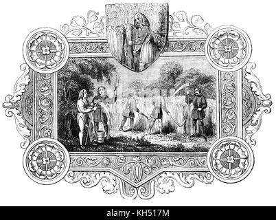 Die angelsächsische Invasion von England erfolgte aus der Mitte des 5. bis frühen siebten Jahrhundert, nach dem Ende der römischen Macht in Großbritannien um das Jahr 410. Die 'monatlich' Leben der Zeiten ist in eine Reihe von Bildern illustriert. Die angelsächsischen Kalender 8/12: August aka Arn - Monat oder Scheune - Monat: in dem der Mais für die Lagerung in die Scheunen gesammelt wurde. Die Abbildung zeigt die Sensen für das Schneiden und ein Pitch-Gabel für das Sammeln der Ernte. Im Falle einer Missernte die Zuflucht zur colewort und Impulse. Stockfoto