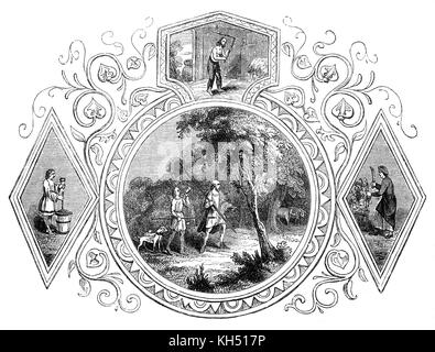 Die angelsächsische Invasion von England erfolgte aus der Mitte des 5. bis frühen siebten Jahrhundert, nach dem Ende der römischen Macht in Großbritannien um das Jahr 410. Die 'monatlich' Leben der Zeiten ist in eine Reihe von Bildern illustriert. Die angelsächsischen Kalender 9/12: September aka Gerst - Monat oder Gerste Monat: im Monat für die Gerstenernte und Gerste Bier, eine Aktivität, die in der Baumstruktur kleinere Abbildungen gesehen werden kann. Das Hauptbild zeigt Adel bei der Jagd auf Wildschweine gemästet von Eicheln, für die sie verwendet Wildschwein Speere und speziell gezüchtete Jagdhunde. Stockfoto