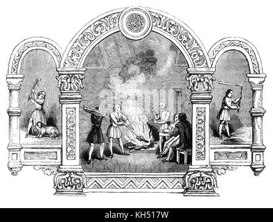 Die angelsächsische Invasion von England erfolgte aus der Mitte des 5. bis frühen siebten Jahrhundert, nach dem Ende der römischen Macht in Großbritannien um das Jahr 410. Die 'monatlich' Leben der Zeiten ist in eine Reihe von Bildern illustriert. Die angelsächsischen Kalender 11/12: November aka Wint - Monat oder Monat: Ill. von Personen warm vor einem lodernden Feuer, aber er kann auch Bezug auf das Handwerk der Schmied. Es war auch der Monat, in dem die Schweine und andere Tiere getötet wurden und für den kommenden Winter gesalzen. Stockfoto