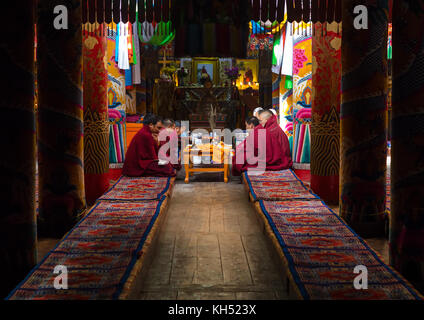 Mönche beten und meditieren im Inneren Longwu Kloster, Tongren County, Longwu, China Stockfoto