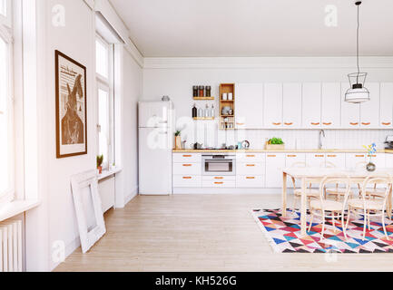 Moderne Küche Interieur. skandinavisches Design. 3D-rendering Konzept