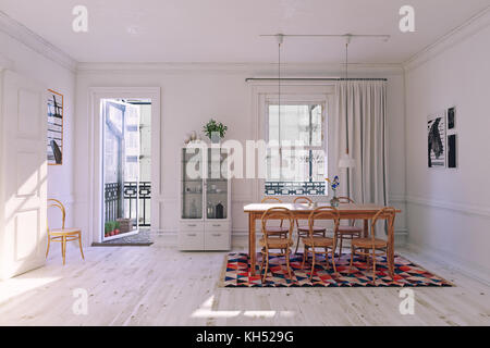 Moderne Esszimmer interior Rendering, weiß Konzept. 3D-Darstellung