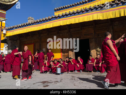 Mönche im Kloster Rongwo, Tongren County, Longwu, China Stockfoto