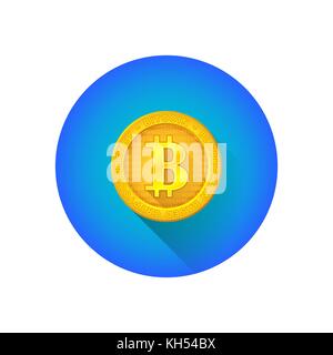 Vektor bunten flachen Design bitcoin Symbol blockchain basierte cryptocurrency Goldmünze mit langen Schatten blauer Kreis Symbol auf weißem Hintergrund Stock Vektor