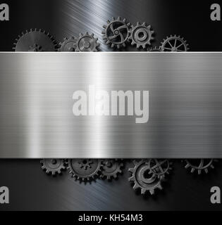 Metallplatte Hintergrund mit Zahnräder und Getriebe 3D-Darstellung Stockfoto
