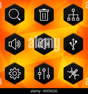 Einstellungen. sechseckige Symbole auf abstrakte orange hinterlegt. vector Abbildung im EPS 10. Stock Vektor