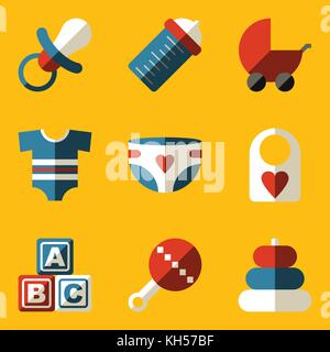 Flache Icon Set. Baby. Kinder. Familie. vector Abbildung im EPS 10. Stock Vektor