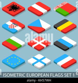 Flache isometrische Europäische Flaggen Set 1 Vector Abbildung im EPS 10. Stock Vektor