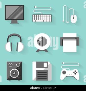 Flache Icon Set. Computer. Weiß Stil. vector Abbildung im EPS 10. Stock Vektor