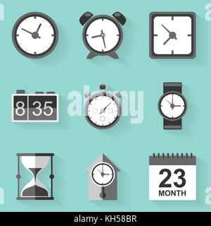 Flache Icon Set.. Uhr. Weiß Stil. vector Abbildung im EPS 10. Stock Vektor