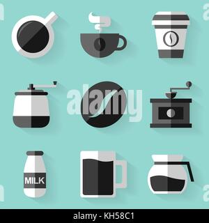 Flache Icon Set. Kaffee. Weiß Stil. vector Abbildung im EPS 10. Stock Vektor