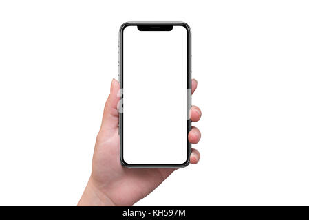 Moderne smart phone mit x gebogene in der Frau Hand isoliert. Leerer Bildschirm für mockup. Stockfoto