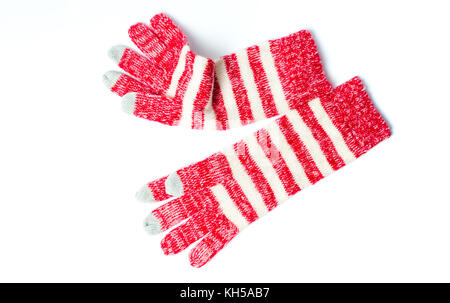 Gewebt rot Touchscreen winter handschuhe Weiß isoliert Stockfoto