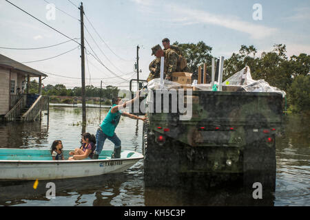 ORANGE, Texas – Marineinfanteristen vom 14. Marine Regiment, 4. Marine Division, Marine Forces Reserve, reichen Lieferungen an eine Familie in Orange, Texas, 3. September 2017. Der Hurrikan Harvey landete am 25. August 2017 im Osten von Texas und überschwemmte Tausende von Häusern und verdrängte über 30,000 Menschen. (USA Marine Corps Foto von Lance CPL. Niles Lee/Veröffentlicht) Stockfoto