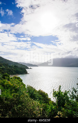 Blick über die Marlborough Sounds, Südinsel, Neuseeland Stockfoto