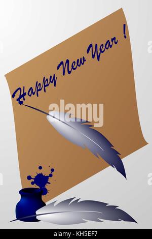 Frohes neues Jahr! - Blättern Sie mit Feder Feder und Tinte - Vektor, Brief, Papyrus, Pergament oder Stock Vektor