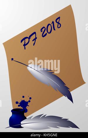 Pf 2018 - blättern Sie mit Feder Feder und Tinte - Vektor, Brief, Papyrus, Pergament oder Stock Vektor