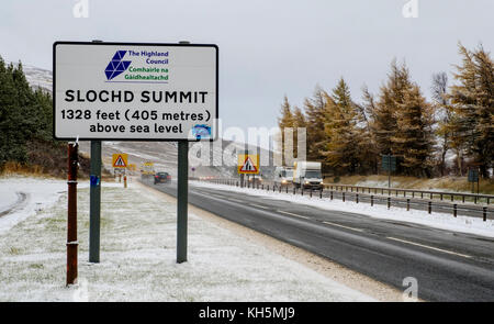 Slochd Gipfel mit den ersten Schnee des Winters 2017. Stockfoto